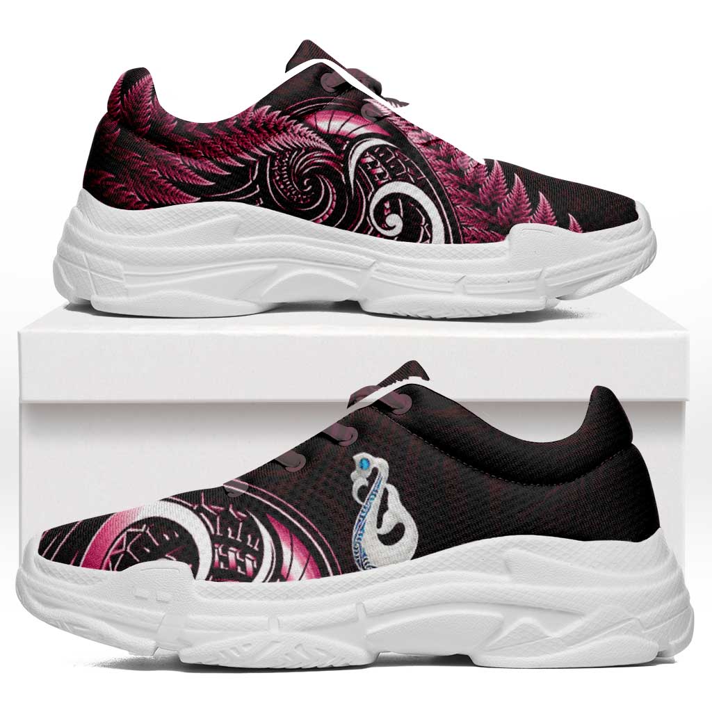 Pink New Zealand Chunky Sneakers Aotearoa Silver Fern With Manaia Maori Unique