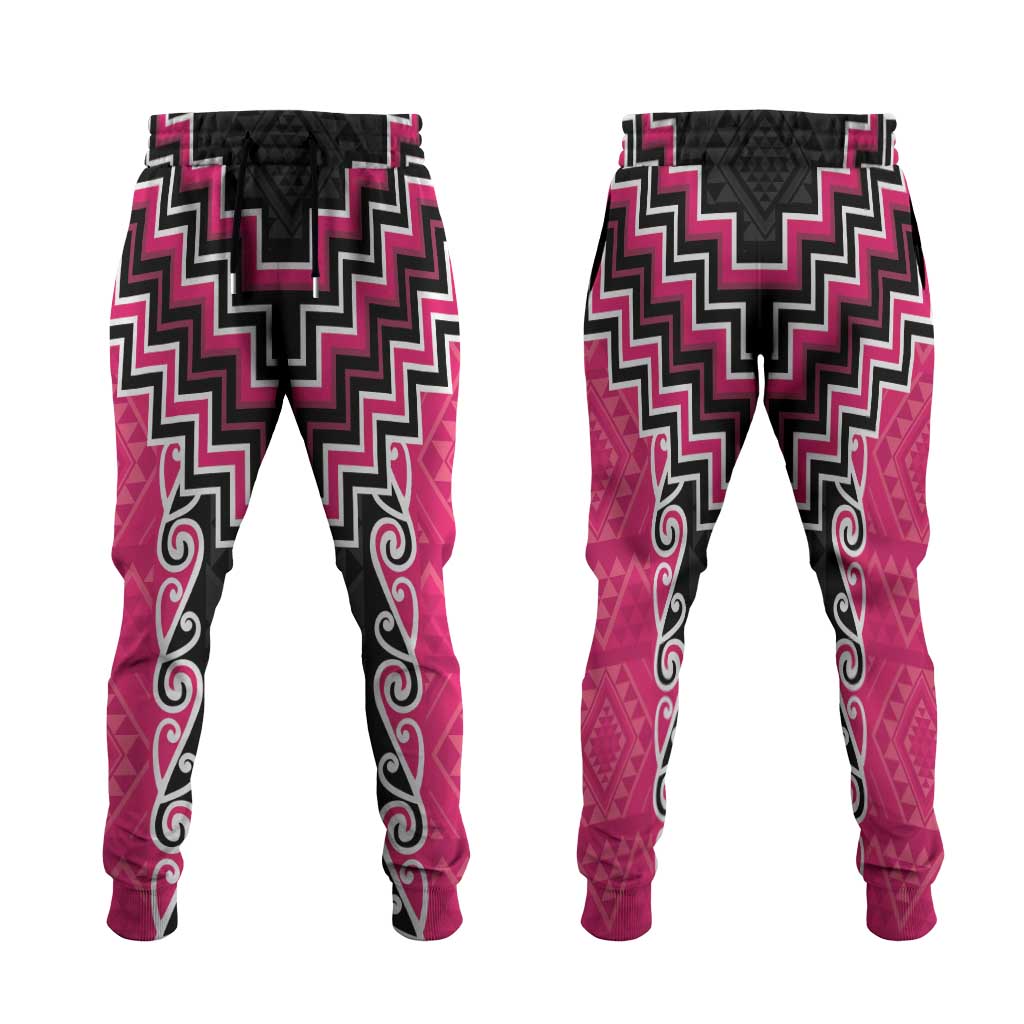 Pink Niho Taniwha Mix Poutama Jogger Pants Unique Taniko Aotearoa - Polynesian Pride