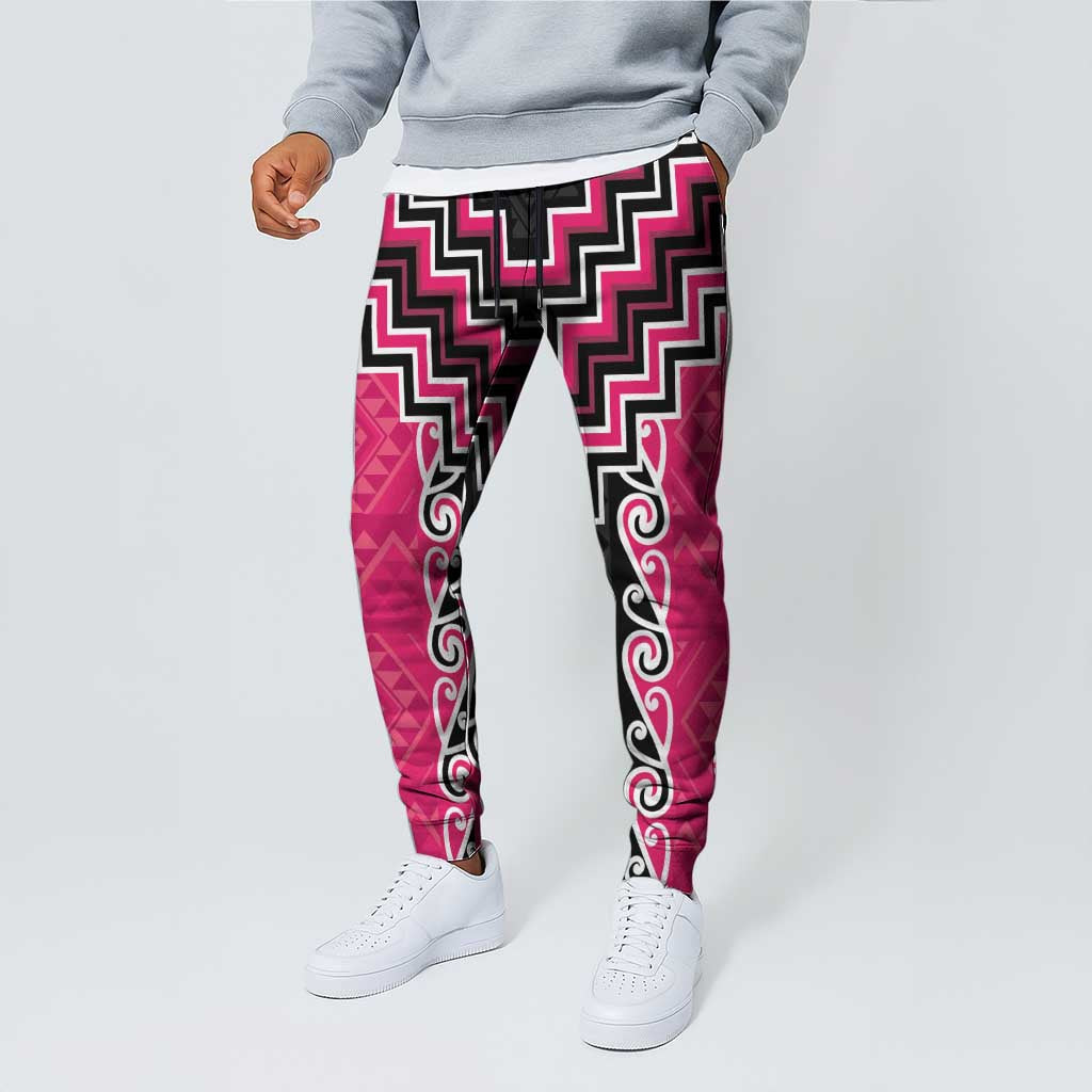Pink Niho Taniwha Mix Poutama Jogger Pants Unique Taniko Aotearoa - Polynesian Pride