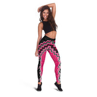 Pink Niho Taniwha Mix Poutama Leggings Unique Taniko Aotearoa - Polynesian Pride