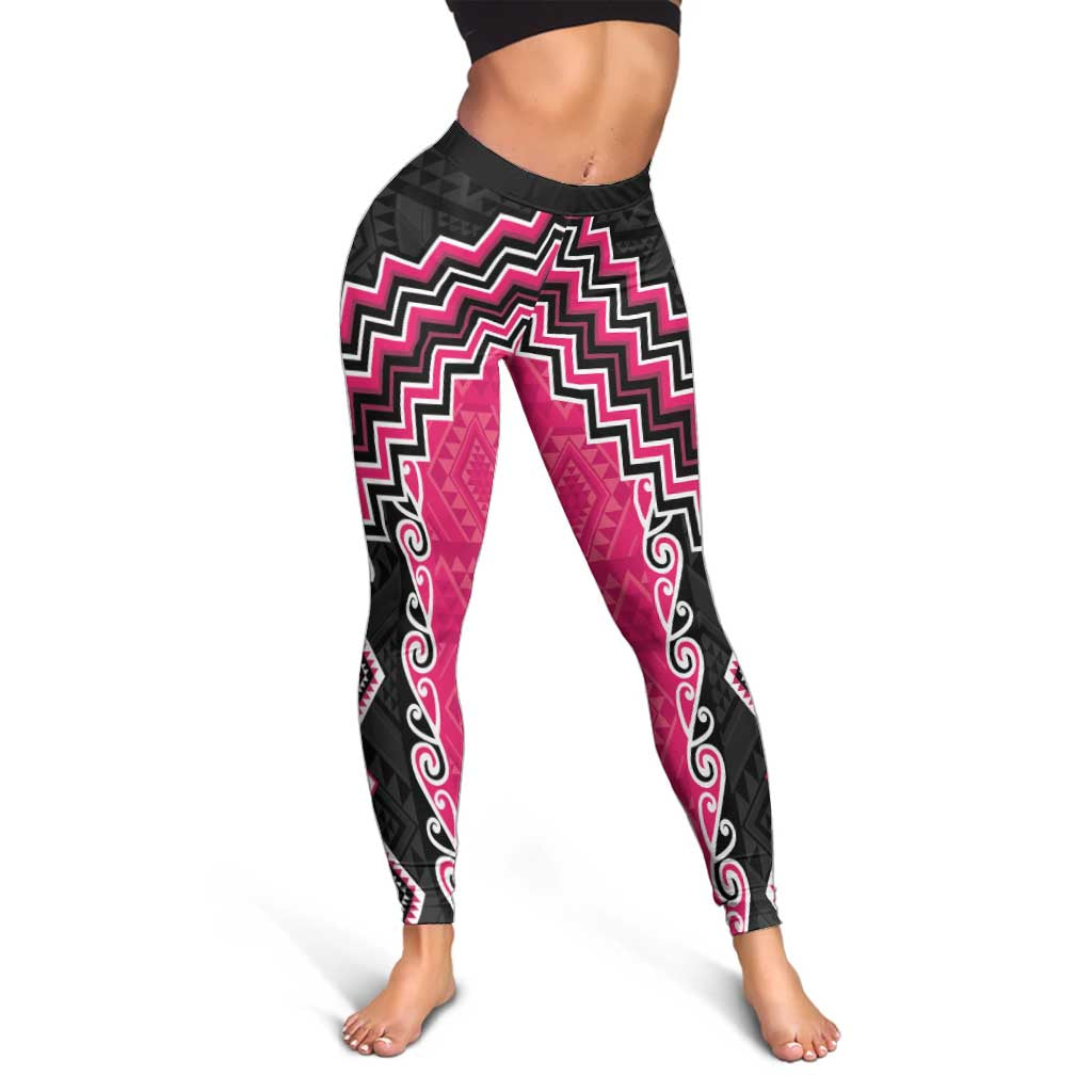 Pink Niho Taniwha Mix Poutama Leggings Unique Taniko Aotearoa - Polynesian Pride