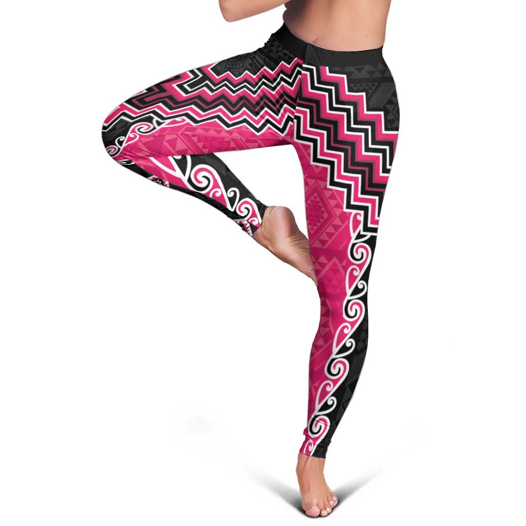 Pink Niho Taniwha Mix Poutama Leggings Unique Taniko Aotearoa - Polynesian Pride