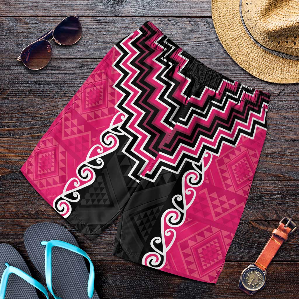 Pink Niho Taniwha Mix Poutama Shorts for Men Unique Taniko Aotearoa - Polynesian Pride