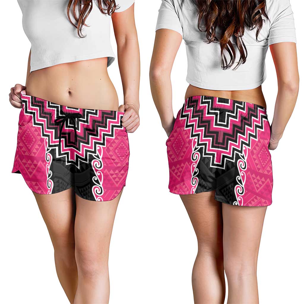 Pink Niho Taniwha Mix Poutama Shorts for Women Unique Taniko Aotearoa LT01 - Polynesian Pride