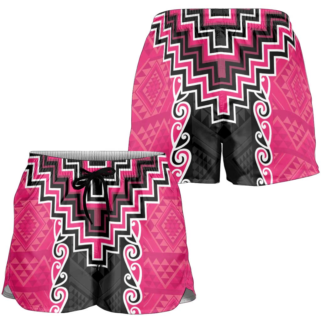 Pink Niho Taniwha Mix Poutama Shorts for Women Unique Taniko Aotearoa LT01 - Polynesian Pride
