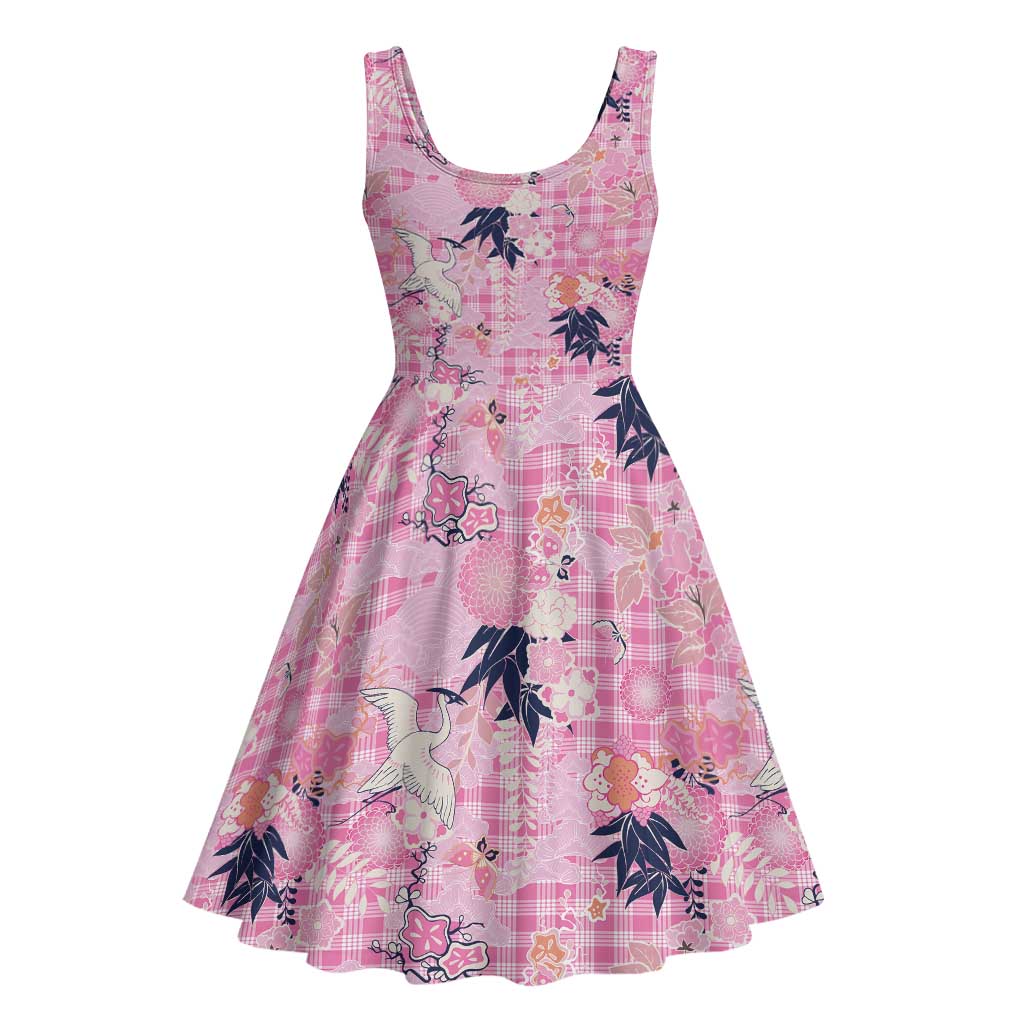 Pink Palaka Crane and Flowers Midi Dress Japan Heritage Spirit - Polynesian Pride