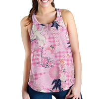 Pink Palaka Crane and Flowers Women Racerback Tank Japan Heritage Spirit - Polynesian Pride