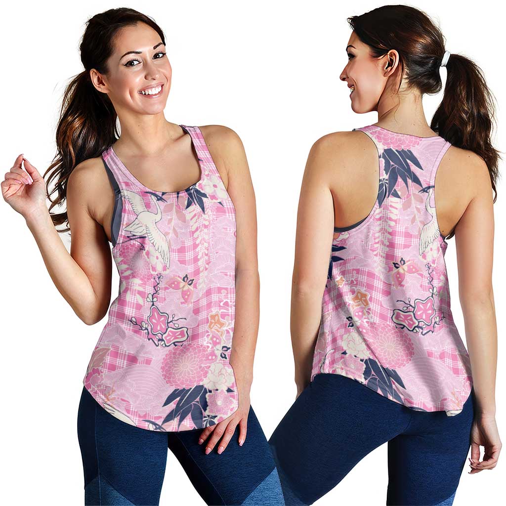 Pink Palaka Crane and Flowers Women Racerback Tank Japan Heritage Spirit - Polynesian Pride