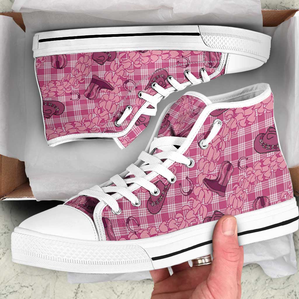 Pink Palaka Hawaii Cowboy High Top Shoes Puakenikeni Lei Paniolo Papale Seamless Vibes - Polynesian Pride