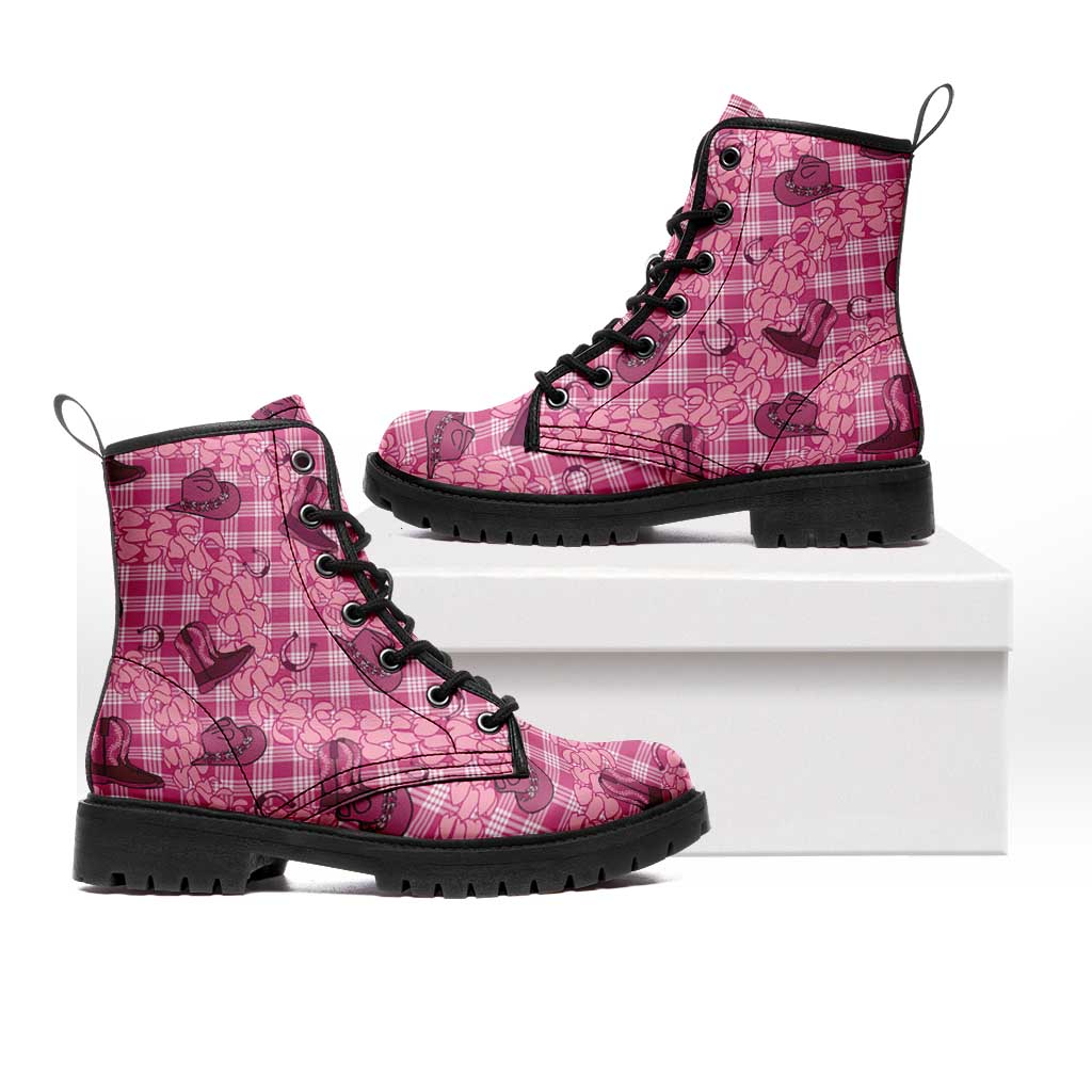Pink Palaka Hawaii Cowboy Leather Boots Puakenikeni Lei Paniolo Papale Seamless Vibes - Polynesian Pride