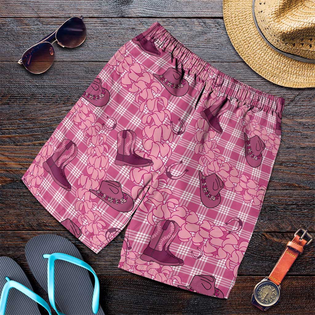 Pink Palaka Hawaii Cowboy Shorts for Men Puakenikeni Lei Paniolo Papale Seamless Vibes - Polynesian Pride