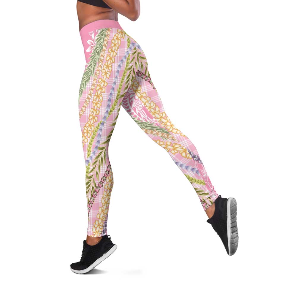 Pink Palaka Hawaii Leis Leggings Hawaiian-plaid Elegant Tropical Vibes LT14 Pink - Polynesian Pride