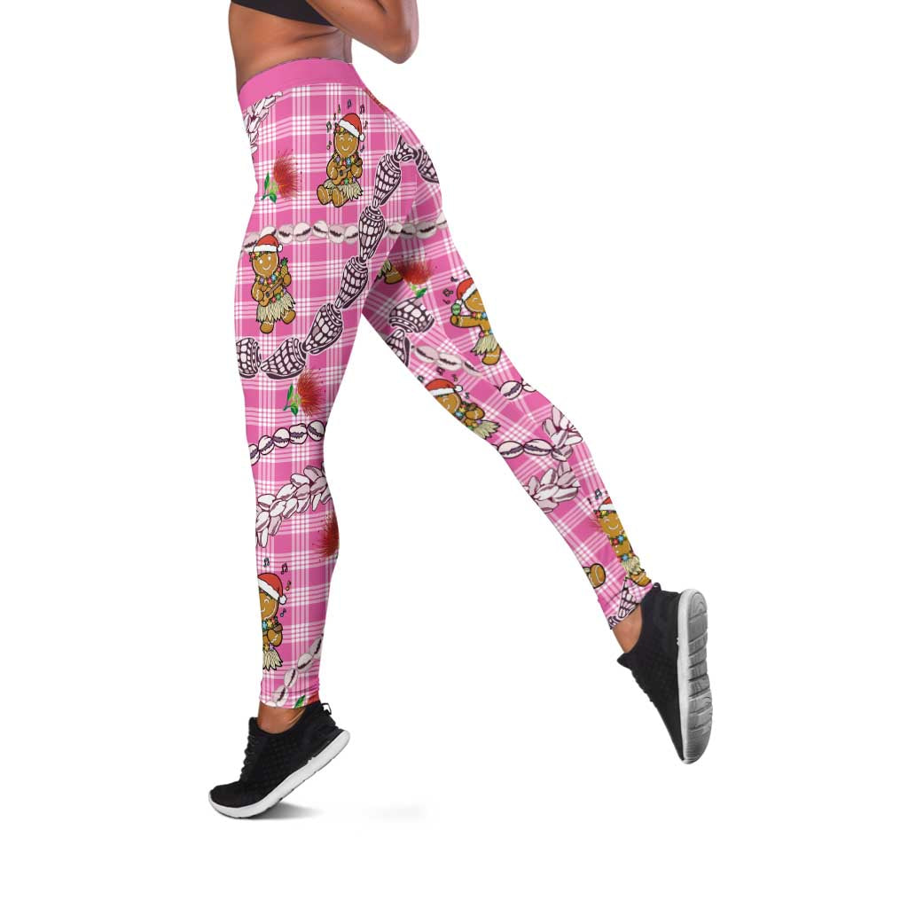 Pink Palaka Hawaii Mele Kalikimaka Leggings Ohia Lehua Shell Leis Funny Gingerbread Santa - Polynesian Pride