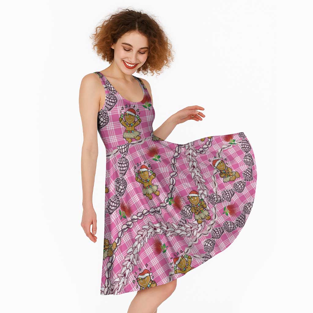 Pink Palaka Hawaii Mele Kalikimaka Midi Dress Ohia Lehua Shell Leis Funny Gingerbread Santa - Polynesian Pride