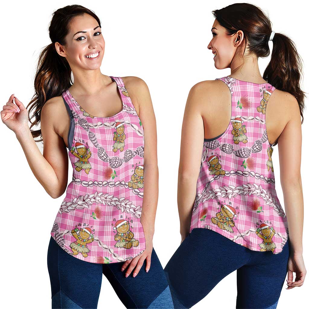 Pink Palaka Hawaii Mele Kalikimaka Women Racerback Tank Ohia Lehua Shell Leis Funny Gingerbread Santa - Polynesian Pride
