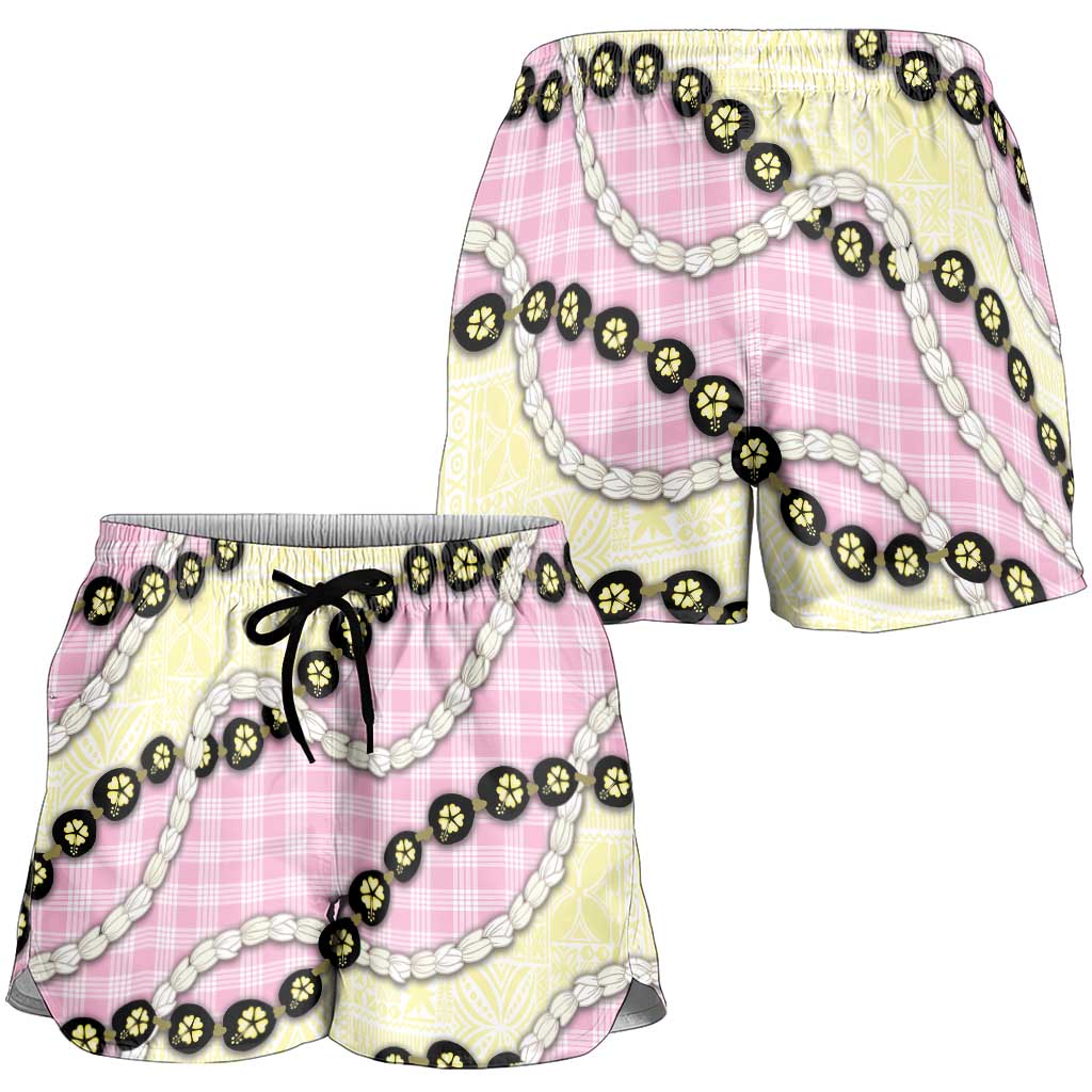 Pink Palaka Hawaii Shorts for Women Kukui Nut Pikake Lei Hawaiian Tapa Pattern - Polynesian Pride