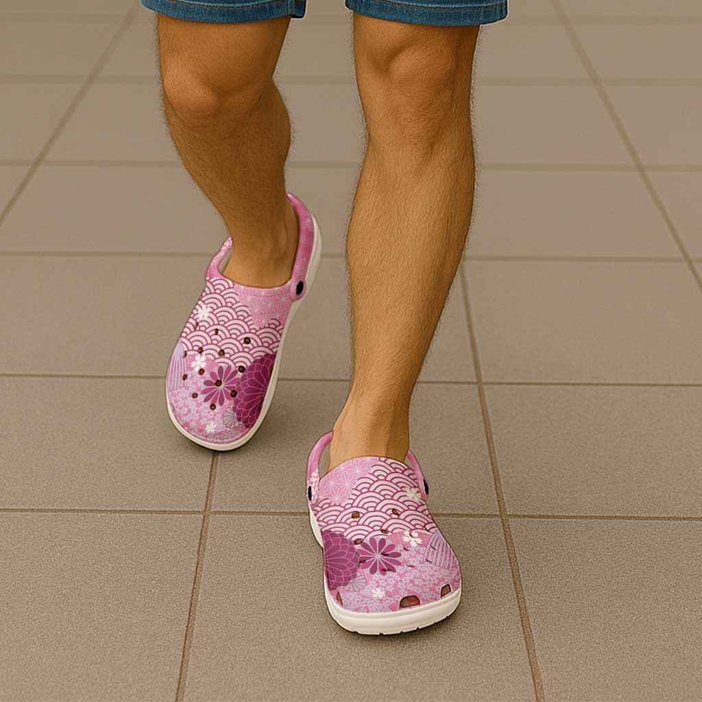 Pink Palaka Japanese Traditional Clogs Shoes Asanoha Seigaiha Sakura Motif - Polynesian Pride