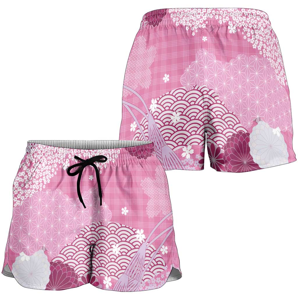 Pink Palaka Japanese Traditional Shorts for Women Asanoha Seigaiha Sakura Motif - Polynesian Pride