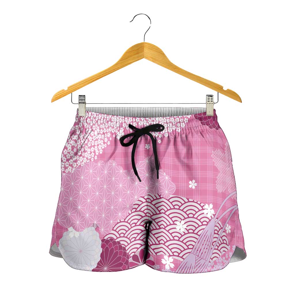 Pink Palaka Japanese Traditional Shorts for Women Asanoha Seigaiha Sakura Motif - Polynesian Pride