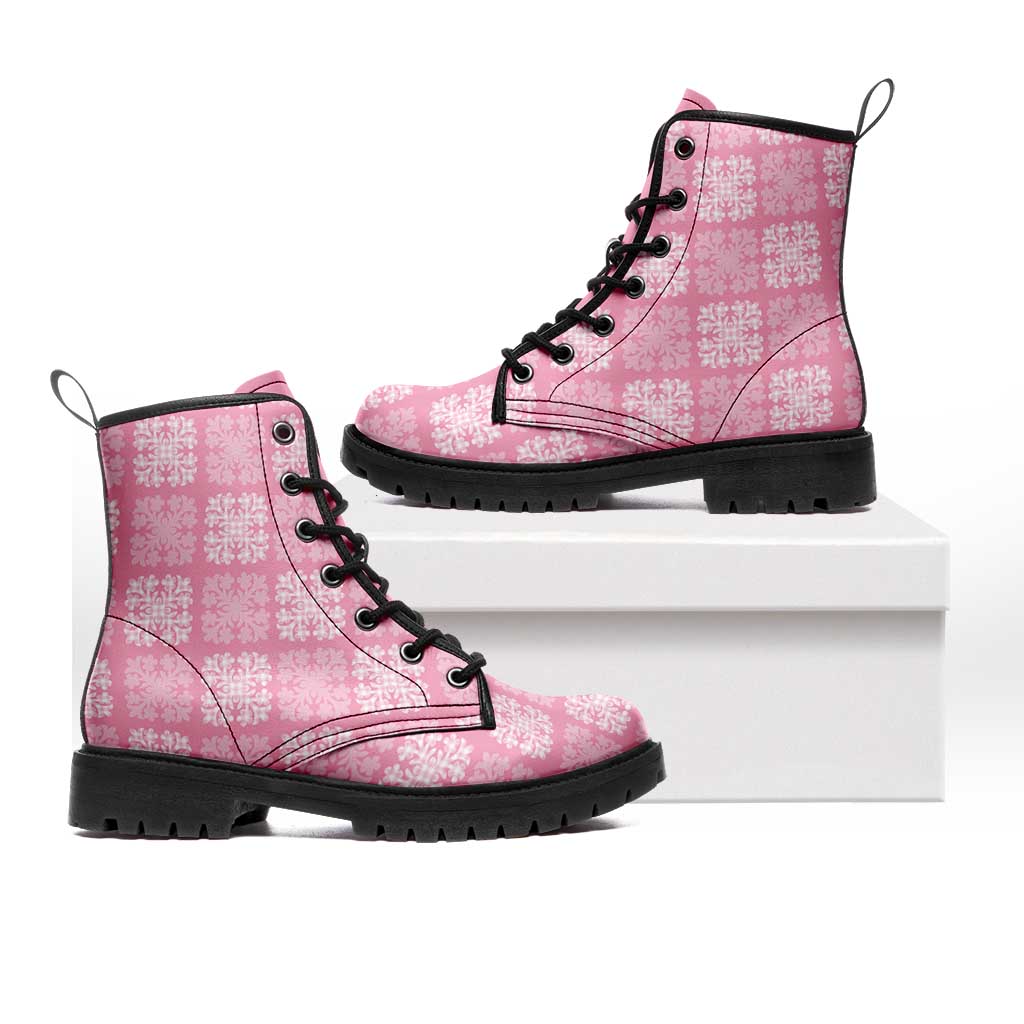 Pink Palaka Quilt Hawaii Leather Boots Traditional Hawaii-plaid Pattern - Polynesian Pride