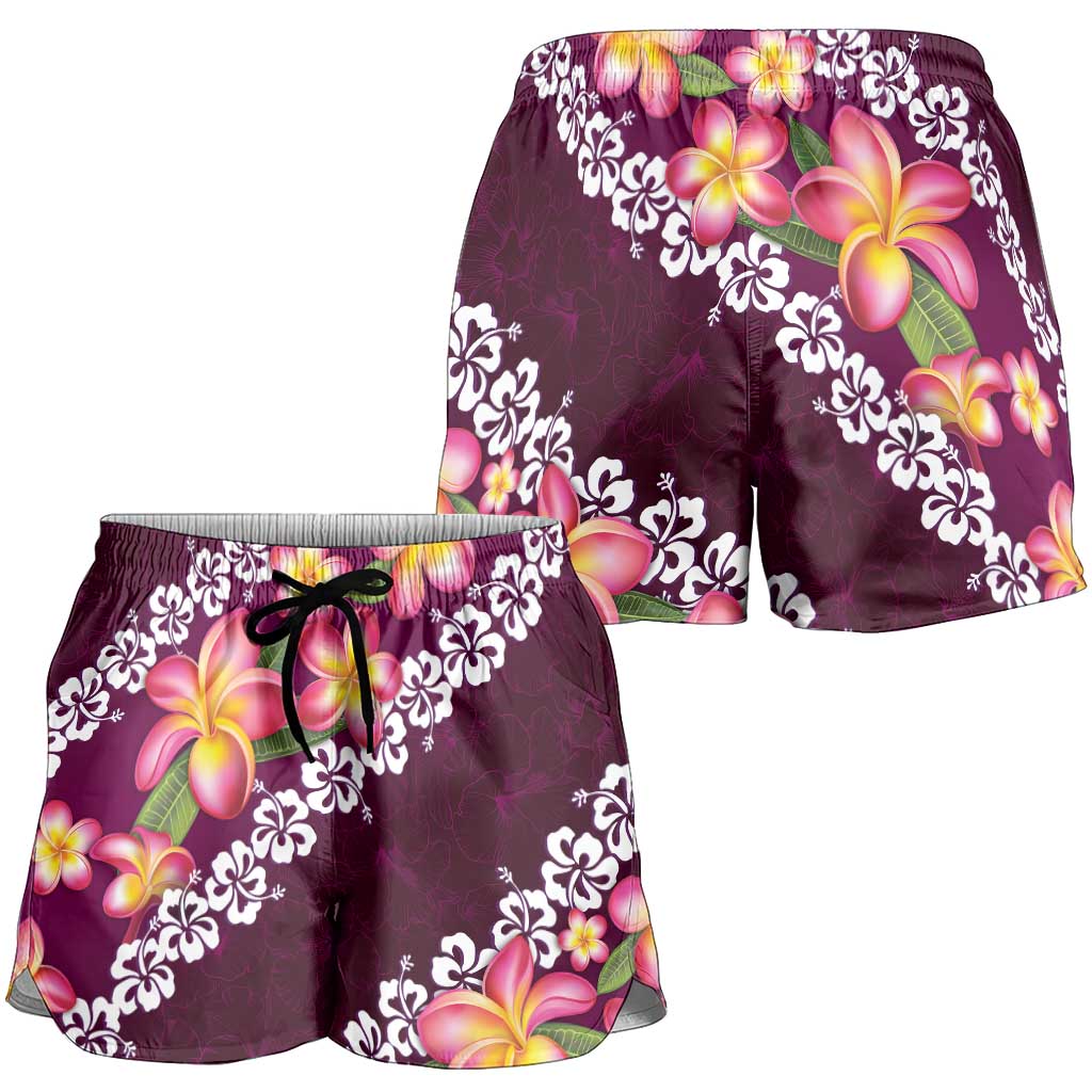 Pink Polynesia Shorts for Women Plumeria With Hibiscus Pattern Tropical Vibes - Polynesian Pride