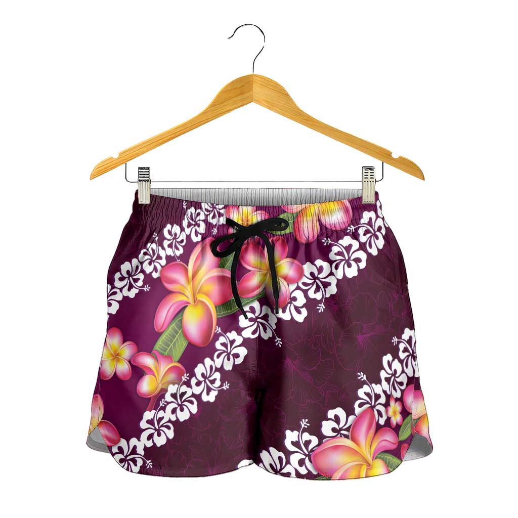 Pink Polynesia Shorts for Women Plumeria With Hibiscus Pattern Tropical Vibes - Polynesian Pride
