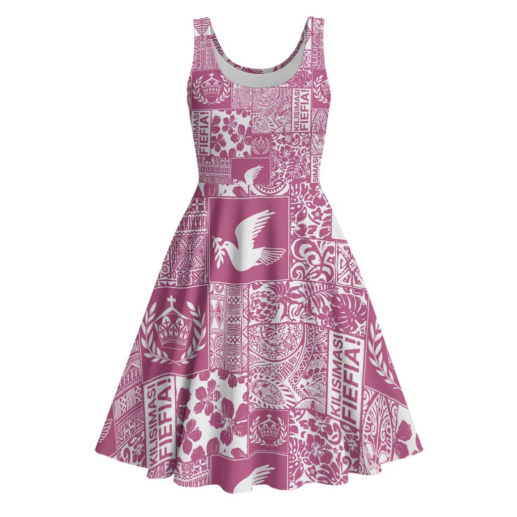 Pink Tonga Kilisimasi Fiefia Midi Dress Pacific Patchwork Xmas Vibes - Polynesian Pride