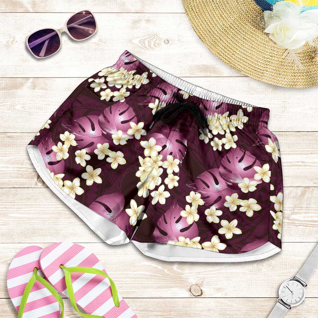 Pink Tropical Hawaii Shorts for Women Seamless Monstera Plumeria Hawaiian Pattern - Polynesian Pride
