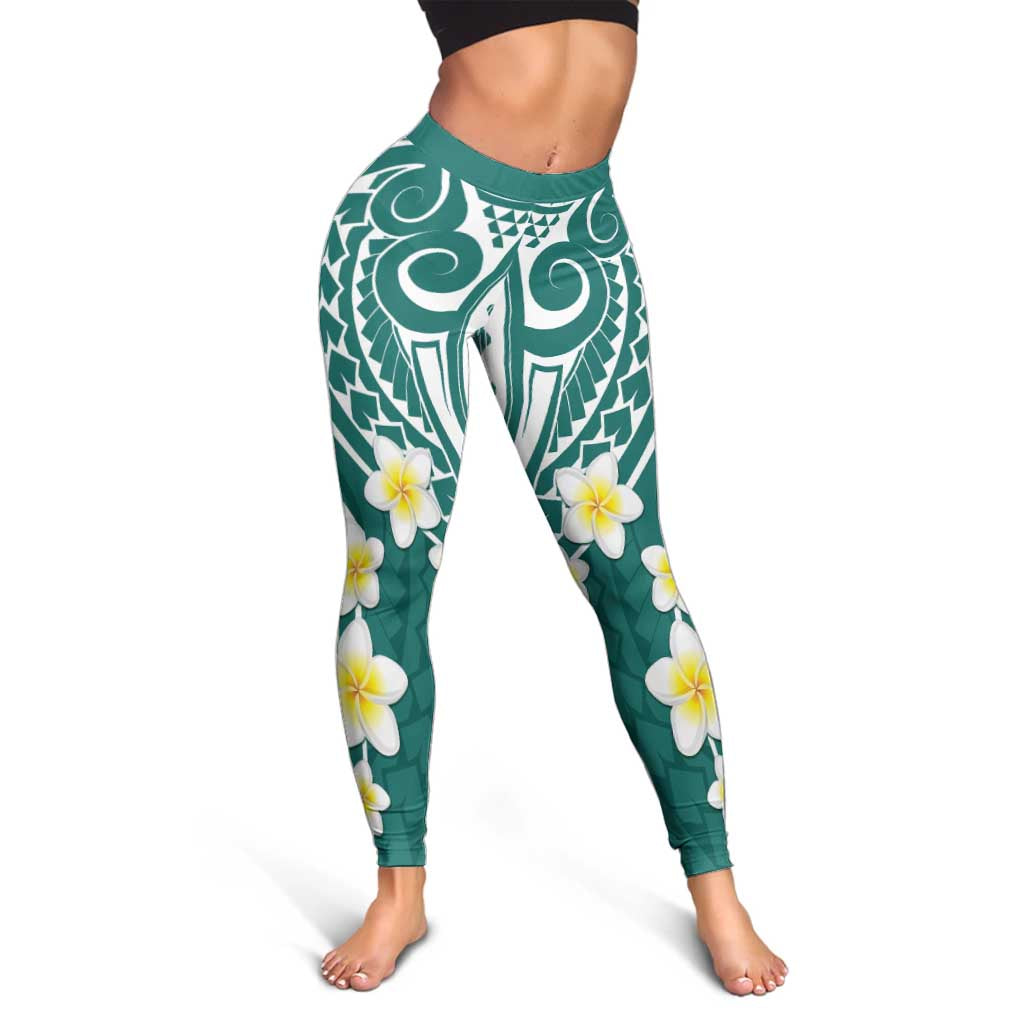 Plumeria With Teal Polynesian Tattoo Pattern Leggings - Polynesian Pride