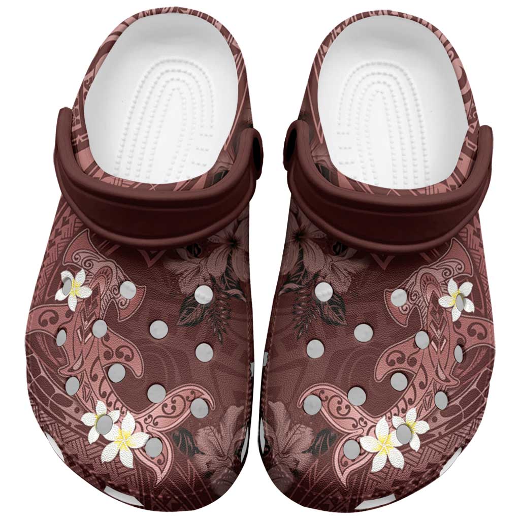 Polynesia Hammerhead Shark Clogs Shoes Tropical Flowers Tribal Pattern Oxblood - Polynesian Pride