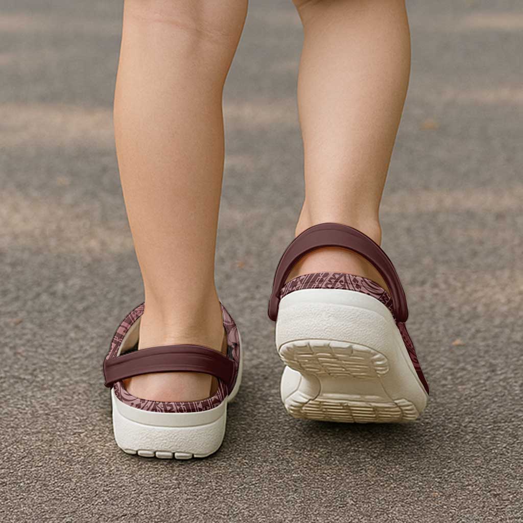Polynesia Hammerhead Shark Clogs Shoes Tropical Flowers Tribal Pattern Oxblood - Polynesian Pride