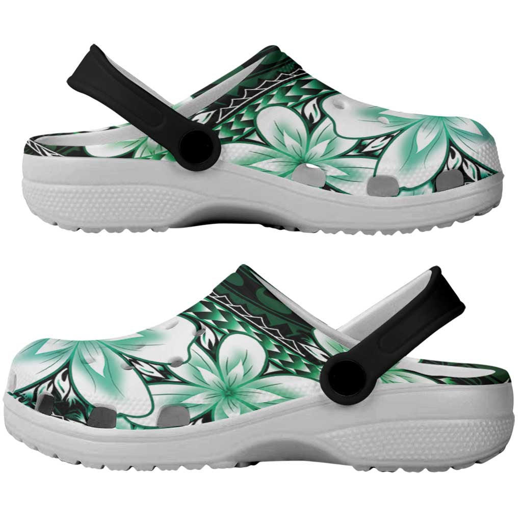 Polynesia Romantic Valentine Clogs Shoes Sea Turtle Couple With Aqua Gradient Plumeria