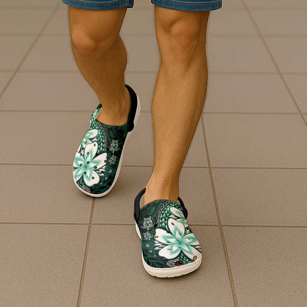 Polynesia Romantic Valentine Clogs Shoes Sea Turtle Couple With Aqua Gradient Plumeria