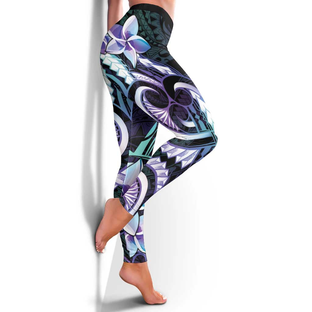 Polynesian Art Tattoo Leggings Plumeria Flowers Turquoise Gradient