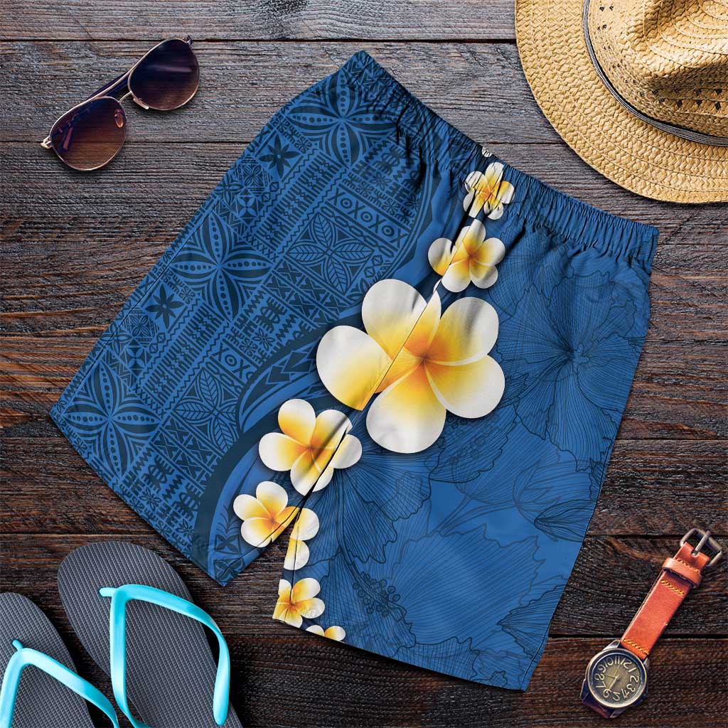 Polynesian Hibiscus and Plumeria Tapa Pattern Shorts for Men Blue Color - Polynesian Pride
