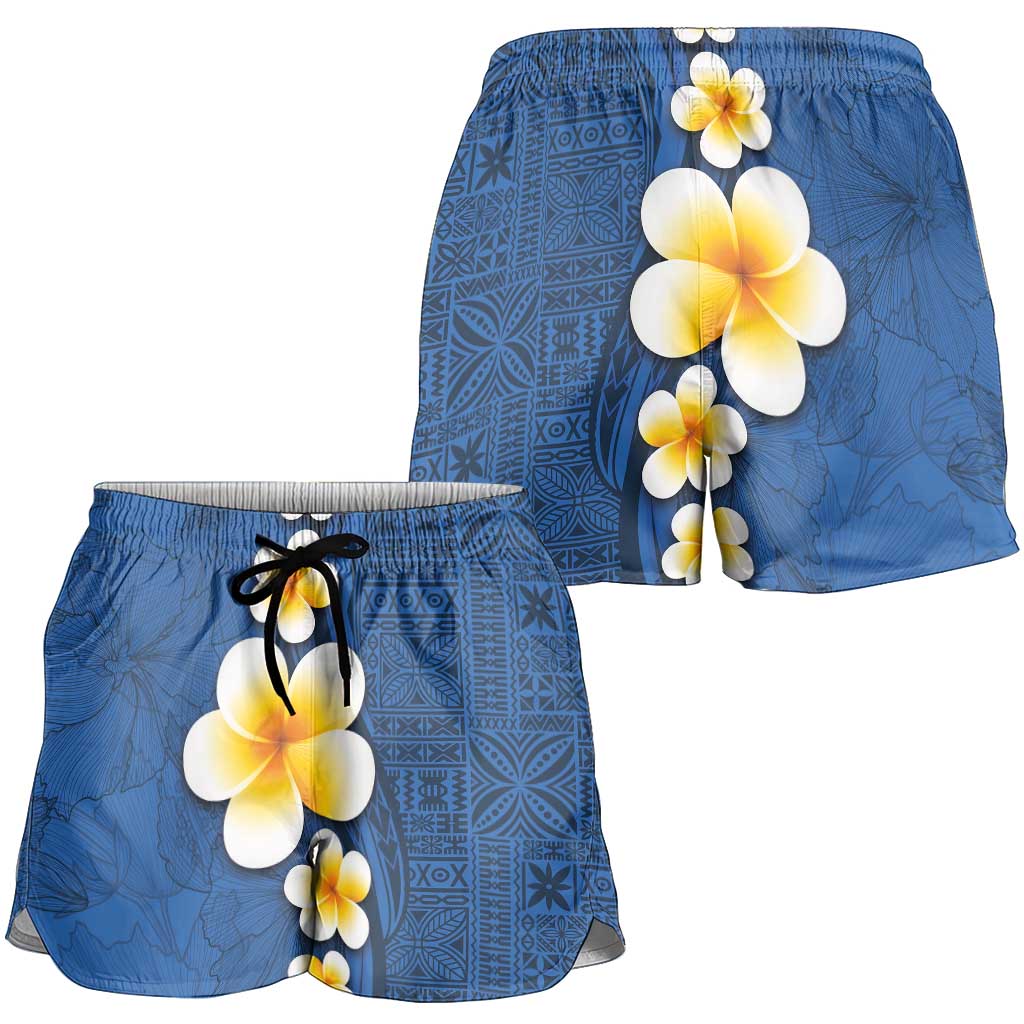 Polynesian Hibiscus and Plumeria Tapa Pattern Shorts for Women Blue Color LT03 - Polynesian Pride