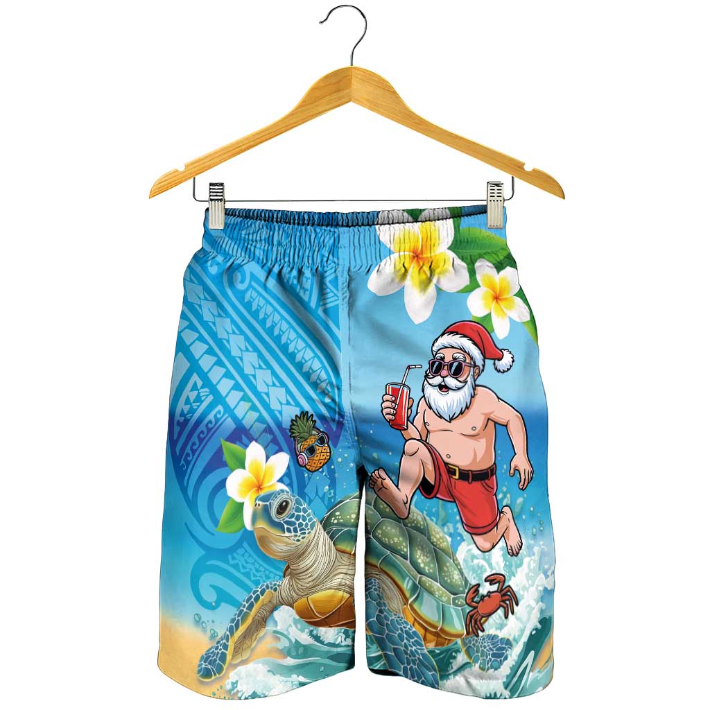 Polynesian Merry Christmas Shorts for Men Funny Santa with Sea Turtle on Beach and Plumeria - Polynesian Pride