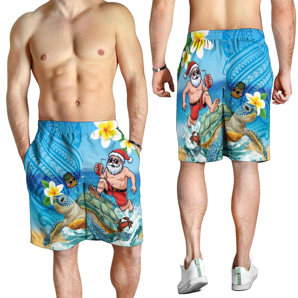Polynesian Merry Christmas Shorts for Men Funny Santa with Sea Turtle on Beach and Plumeria - Polynesian Pride