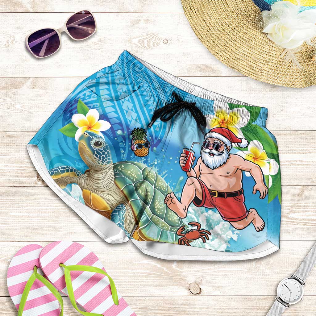 Polynesian Merry Christmas Shorts for Women Funny Santa with Sea Turtle on Beach and Plumeria - Polynesian Pride