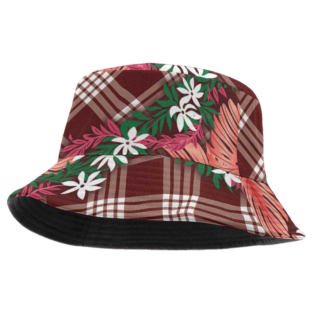 Polynesian Monstera Tiare Floral Bucket Hat Burgundy Tropical Plaid LT01 One Size Red - Polynesian Pride