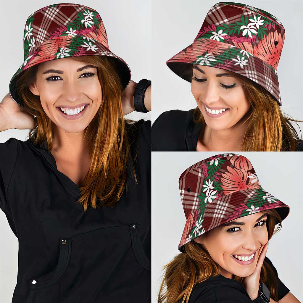 Polynesian Monstera Tiare Floral Bucket Hat Burgundy Tropical Plaid LT01 - Polynesian Pride