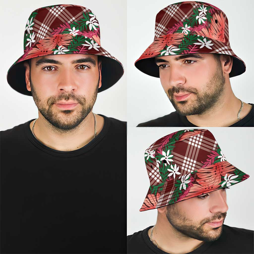 Polynesian Monstera Tiare Floral Bucket Hat Burgundy Tropical Plaid LT01 - Polynesian Pride