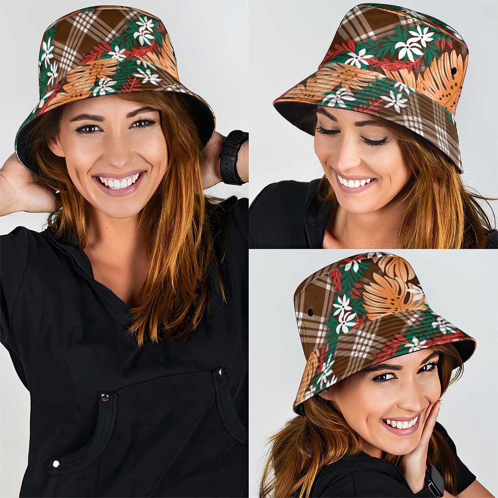 Polynesian Monstera Tiare Floral Bucket Hat Chocolate Brown Tropical Plaid LT01 - Polynesian Pride