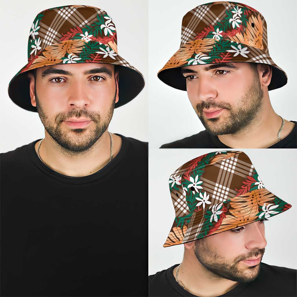 Polynesian Monstera Tiare Floral Bucket Hat Chocolate Brown Tropical Plaid LT01 - Polynesian Pride