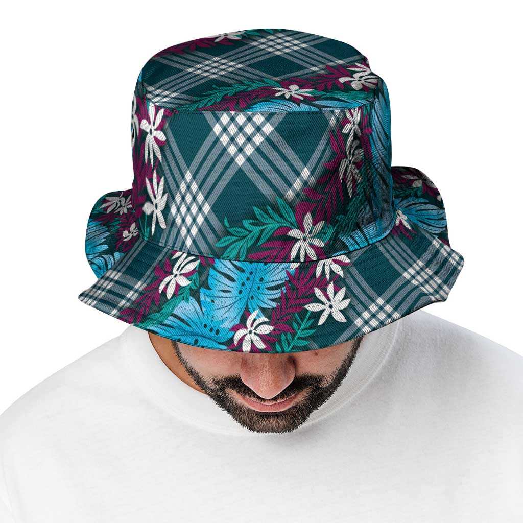 Polynesian Monstera Tiare Floral Bucket Hat Dark Teal Tropical Plaid LT01 - Polynesian Pride
