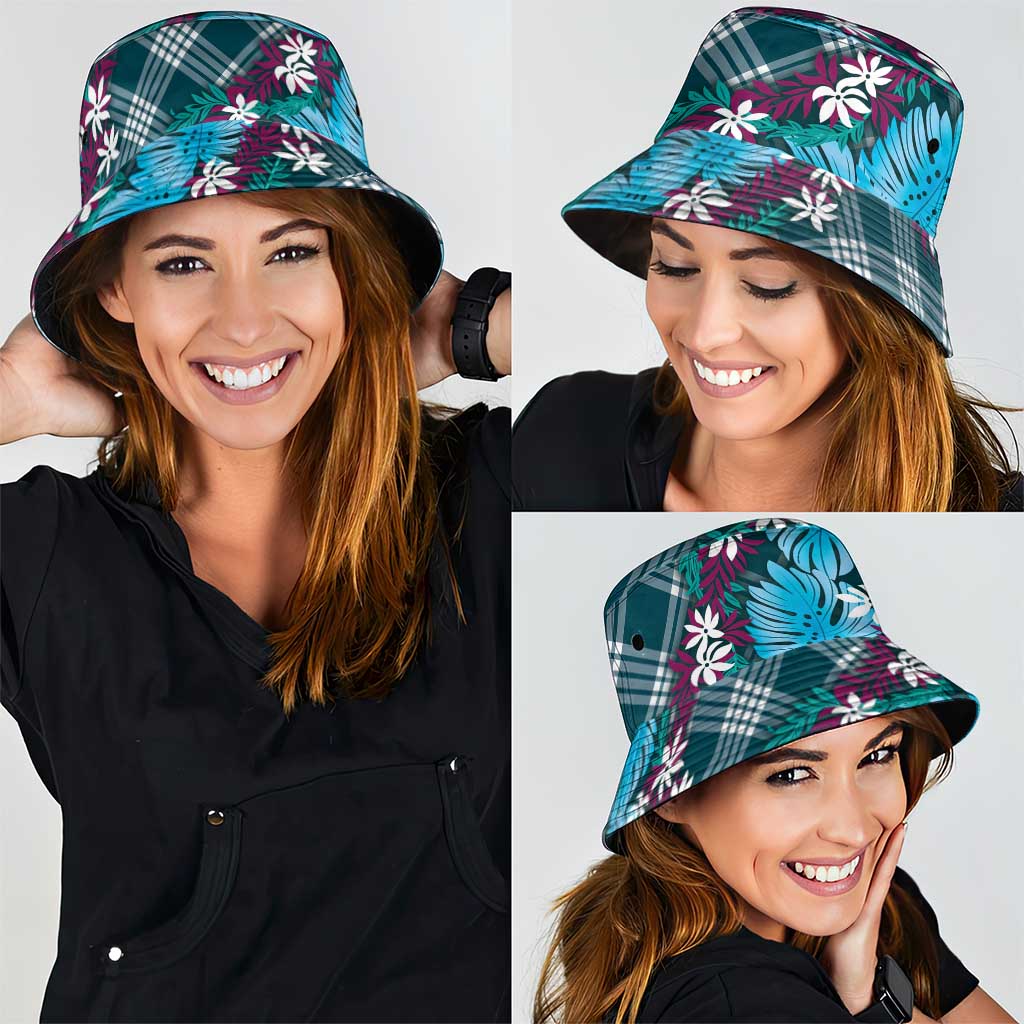 Polynesian Monstera Tiare Floral Bucket Hat Dark Teal Tropical Plaid LT01 - Polynesian Pride