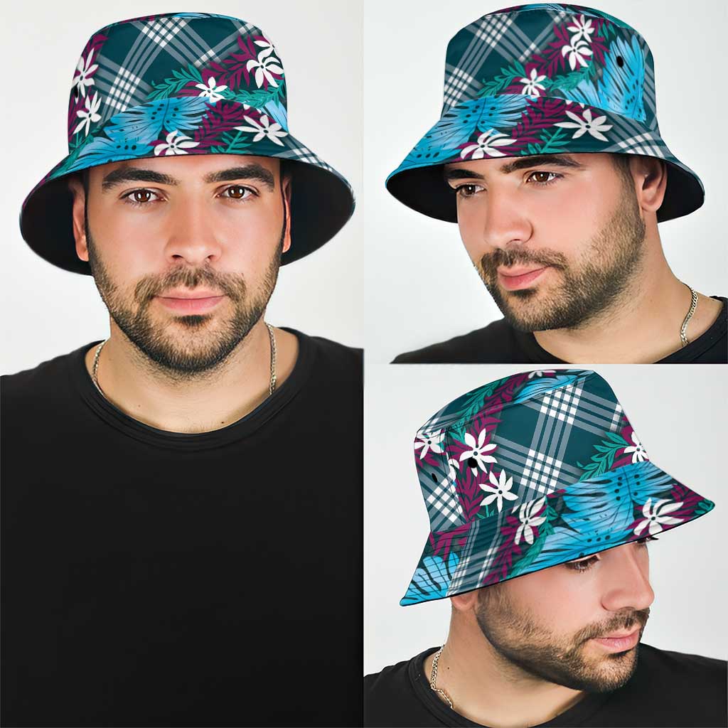 Polynesian Monstera Tiare Floral Bucket Hat Dark Teal Tropical Plaid LT01 - Polynesian Pride