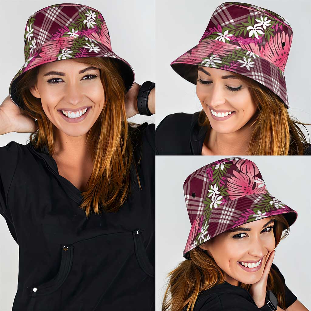 Polynesian Monstera Tiare Floral Bucket Hat Fuchsia Tropical Plaid LT01 - Polynesian Pride