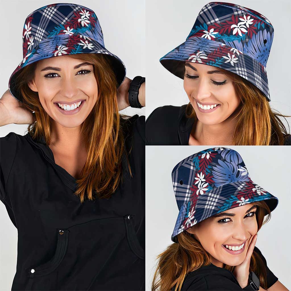 Polynesian Monstera Tiare Floral Bucket Hat Royal Blue Tropical Plaid LT01 - Polynesian Pride
