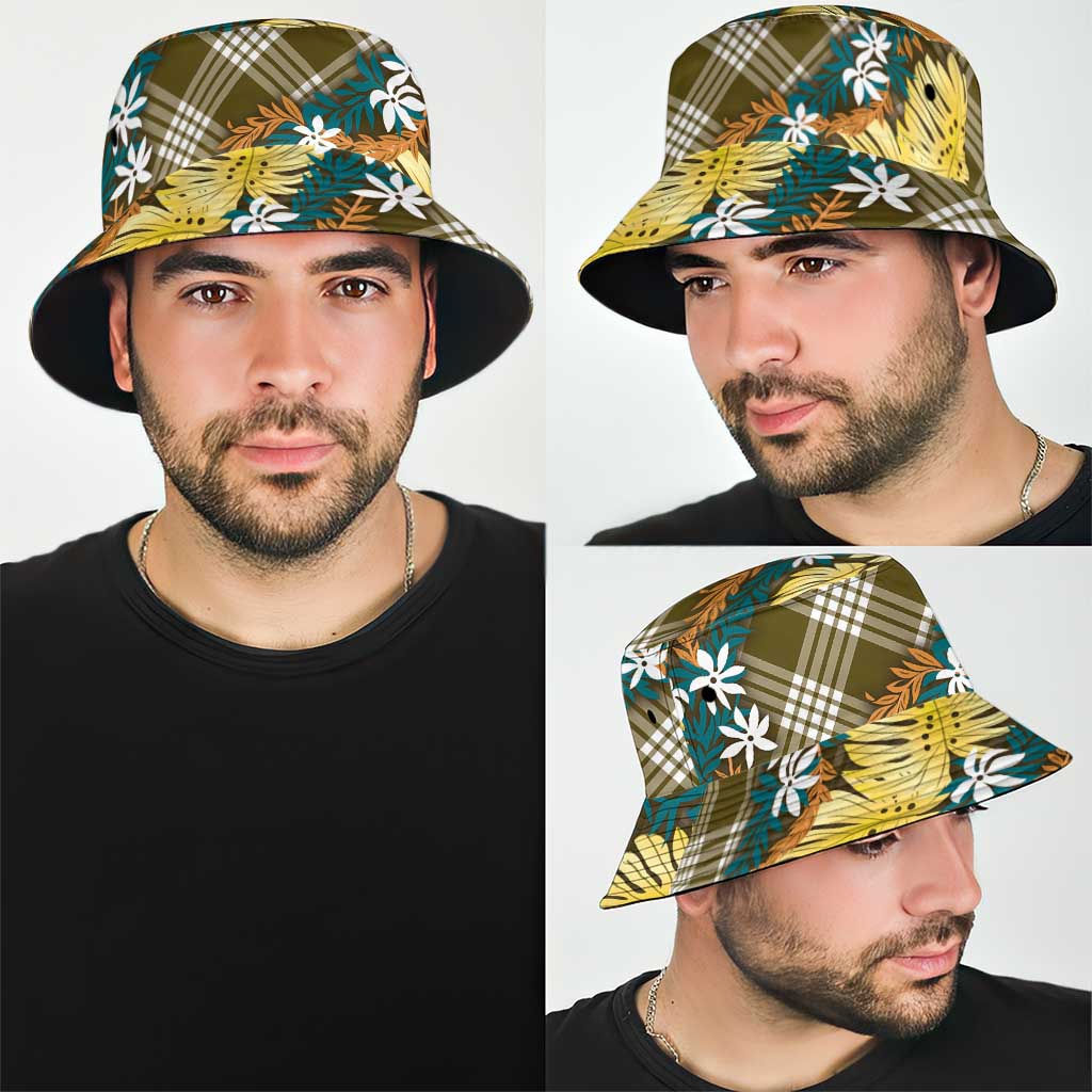 Polynesian Monstera Tiare Floral Bucket Hat Yellow Tropical Plaid LT01 - Polynesian Pride